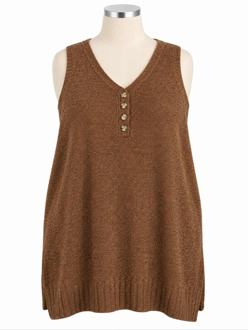 Worthington Knit Sweater Tank Top Brown NWT 2X V-Neck Button Textured Long
